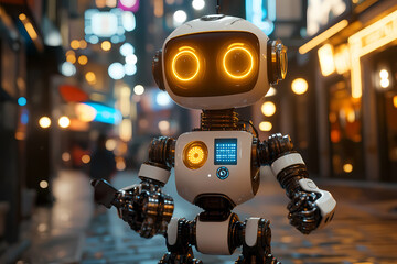 A humanoid robot repairing itself under glowing neon lights, symbolizing technological self-sufficiency
