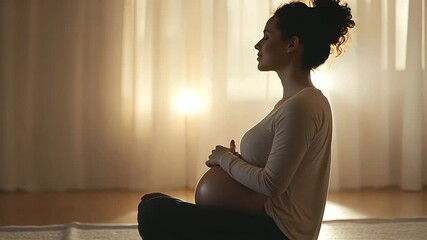 Pregnant Woman Doing Yoga at Home with Soft Lighting