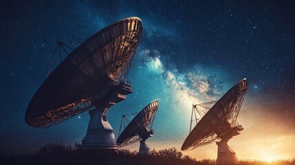 Milky Way over radio telescopes, night sky, astronomy research