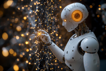 A humanoid robot repairing itself under glowing neon lights, symbolizing technological self-sufficiency