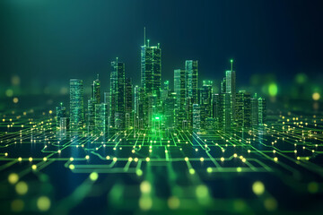 A modern city skyline with glowing green solar panels on rooftops, illustrating an eco-friendly future