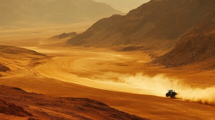 Tractor Traveling Across A Desolate Sandy Landscape