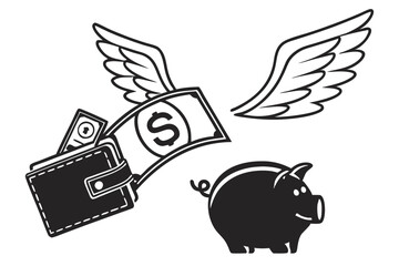 icon design, money with wings, flying dollar bill, wallet, financial freedom, simple black and white illustration, minimalist graphic, wealth symbol, economic concept, line art, vector style, flat des