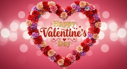 Obraz premium Heartfelt Valentine's Day: A vibrant heart-shaped arrangement of roses and carnations, conveying heartfelt wishes for Valentine's Day against a bokeh backdrop.