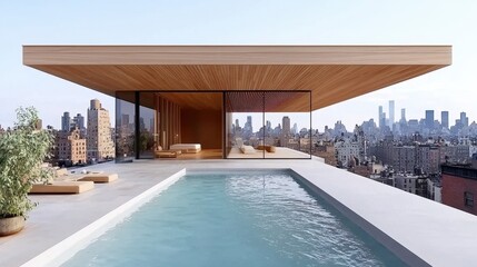 Fototapeta premium Modern rooftop house with wooden overhang and swimming pool overlooking city skyline