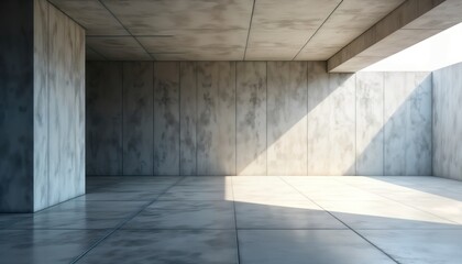 Obraz premium Empty modern concrete hallway. Light streams through high ceiling. Stylish geometric interior. Concrete floors and walls create futuristic abstract space. No people present.