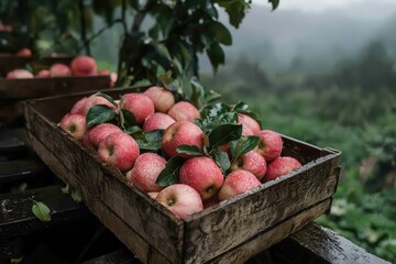 Farm-to-Table. Supporting Local Farmers Fresh apples in a rustic wooden crate on a misty background.