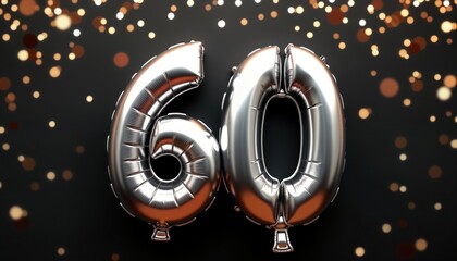 Silver balloons in form of number 60 against dark background scattered with golden confetti. Elegant, festive illustration for birthday anniversary celebration. Stylish decor for party special event.