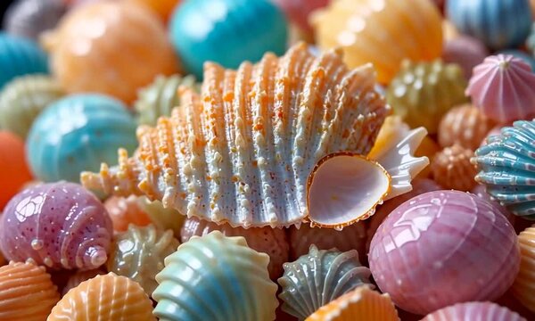 Cockle (Cardium) shell. The objects were shot in the colors of the rainbow spectrum. Macro