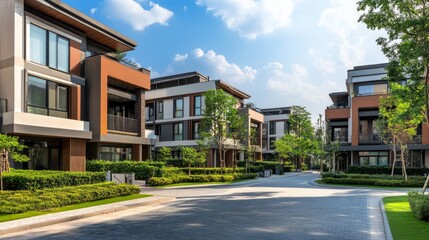 Modern townhouse community, sunny street, green landscaping, suburban life, real estate