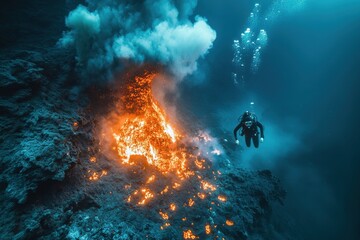 Diver among glowing fish near erupting underwater volcano magical scene