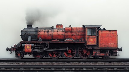 Naklejka premium Red vintage steam locomotive emitting smoke.