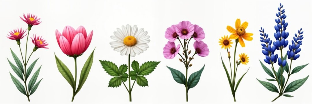 Colorful flowers isolated on white background. Set of small berberis spirea limonium lupine, gypsophila flowers. Vivid colors depict freshness, beauty. Ideal for nature design projects, summer