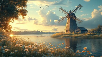 Sunrise over lake with windmill and flowers.