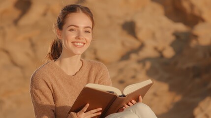 Fototapeta premium Smiling Woman Journaling Outdoors Under Pastel Sky in Natural Setting