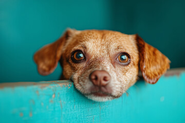 Lonely puppy gazes longingly from behind the bars in a serene shelter environment showcasing its need for companionship