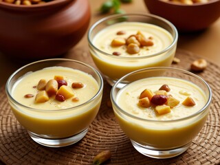 Creamy Yellow Dessert with Nuts and Candied Fruits in Glass Bowls