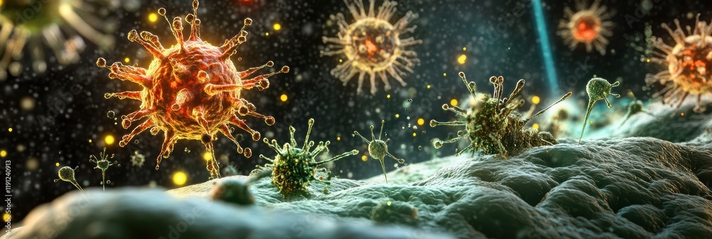 Poster viruses invading cells and replicating in a microscopic view during a biological interaction. genera