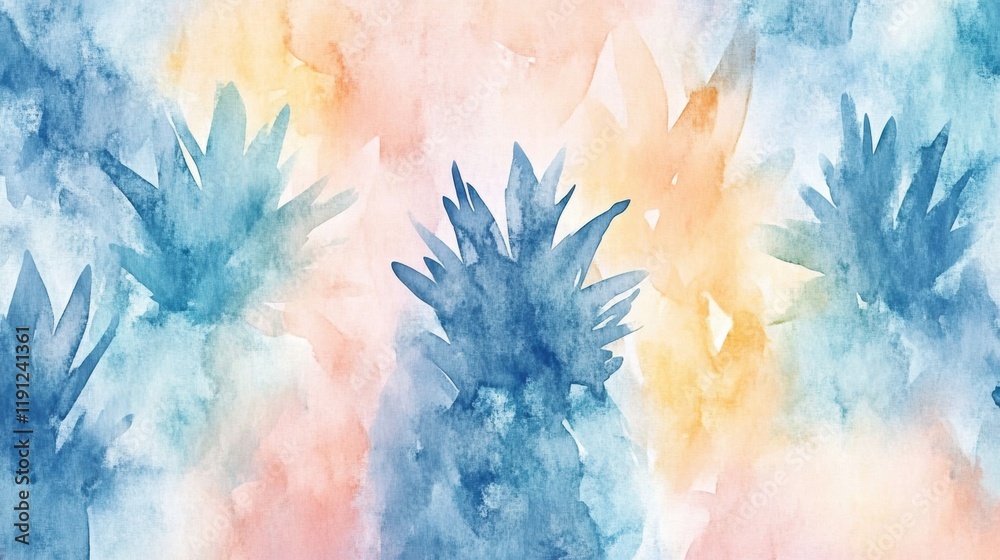 Poster vibrant watercolor pattern featuring pineapples in soft pastel colors. generative ai