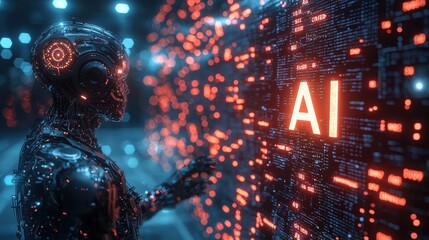 A futuristic robot interacts with a digital interface displaying the letters 'AI', illuminated in vibrant orange against a dark blue backdrop. 