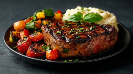 Cooked steak beautifully seared served with grilled vegetables and creamy mashed potatoes on a dark plate