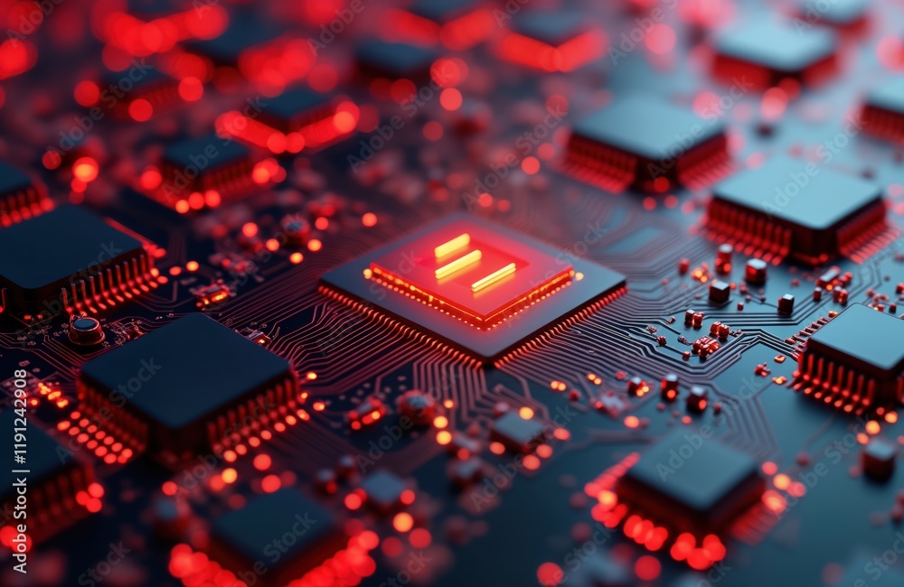 Poster close-up view of glowing tech circuit board. red light highlights intricate components. data transfe
