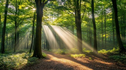 Fototapeta premium Sunbeams illuminate a forest path among tall trees