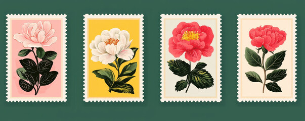 set of vintage floral stamps featuring colorful flowers on green background