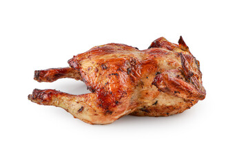 Grilled chicken delicious ready to eat served on a aluminium foil isolated on white background with clipping path, Baked whole chicken, fried chicken in any kitchen, Chick meat prepared at grill.