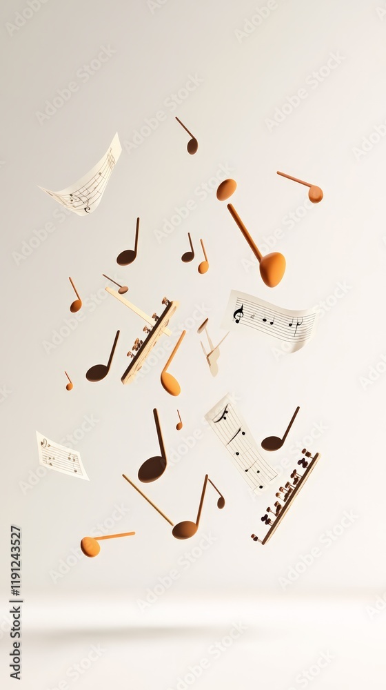 Aufkleber Musical notes and sheet music are floating in a white space, creating a visually appealing representation of music composition or musical inspiration