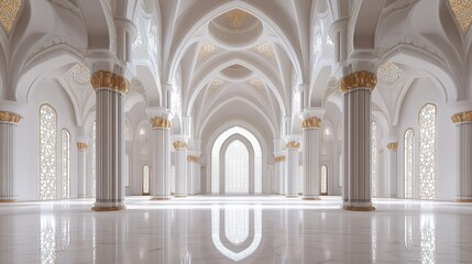 Fototapeta premium Golden White Luxury Mosque Interior with Columns and Sunlit Windows