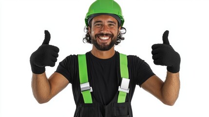 Happy Delivery Worker Giving Thumbs Up with Green Helmet and Gloves