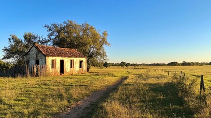 Fototapeta premium Rustic Abandoned Farmhouse in a Peaceful Countryside Landscape