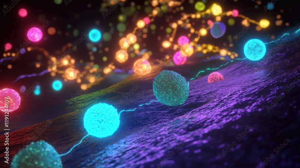 Leinwandbilder viruses actively invading cells in a colorful microscopic environment filled with vibrant particles.