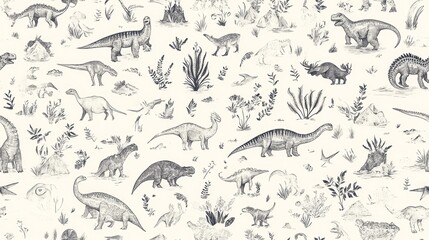 Detailed Sketches of Dinosaurs Among Volcanic Landscapes and Fossils