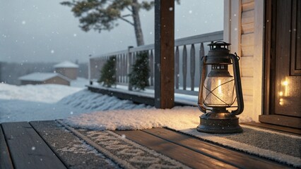 Winter's Glow: A rustic lantern casts a warm, inviting light on a snow-covered porch, creating a cozy atmosphere amidst a winter wonderland.