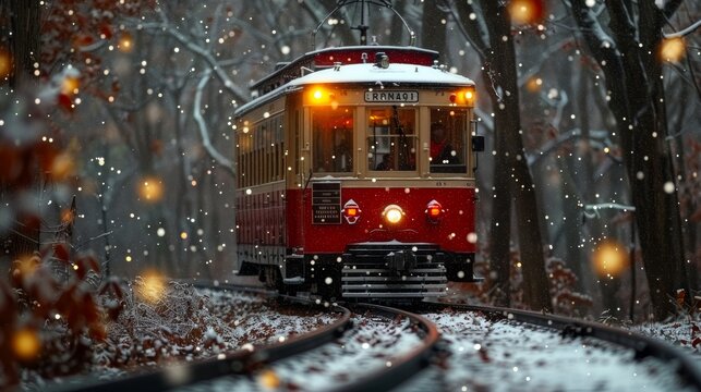 Charming european cityscape  historic 19th century tram gliding through snow covered tracks