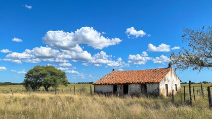 Obraz premium Tranquil Country Farmhouse Under a Vast Blue Sky