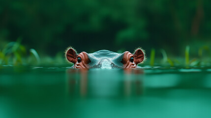 Hippopotamus enjoys the cool water while partially submerged in a tranquil habitat during midday