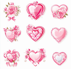 Vector Set of Pink Heart Shapes, Diamonds, Pearls, and Floral Decorations on White Background