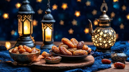 Obraz premium Elegant Display of Dates and Lanterns with Starry Background at Twilight