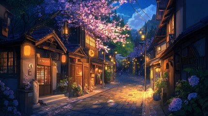 Fototapeta premium Serene Nighttime Street Scene In A Japanese Village
