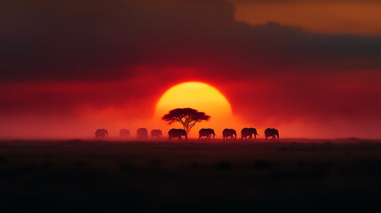 Obraz premium Herd of elephants walking across the plains at sunset near an acacia tree in a serene landscape
