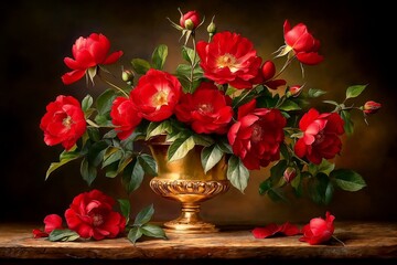Obraz premium Classical Still Life with Golden Urn and Red Roses in Dramatic Lighting