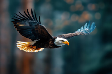 Obraz premium Bald eagle soars gracefully through the clear sky above lush forests during golden hour