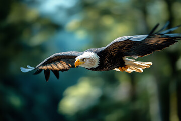 Fototapeta premium Bald eagle gracefully soars through a bright blue sky against a backdrop of lush green trees