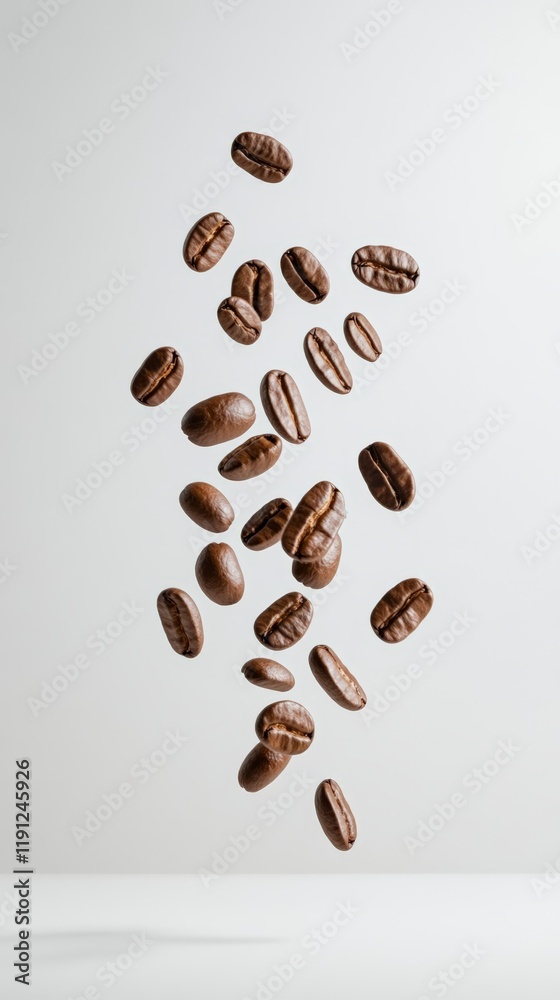 Aufkleber Levitating roasted coffee beans create a visually striking and dynamic composition against a clean, minimal white background, emphasizing the rich aroma and flavor of the beverage