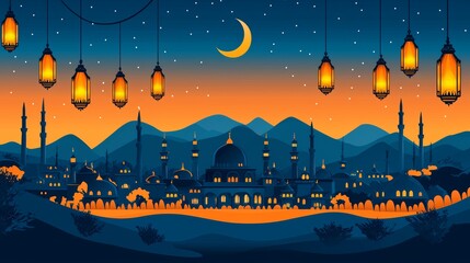 Serene Mosque Scene at Dusk with Crescent Moon and Lanterns