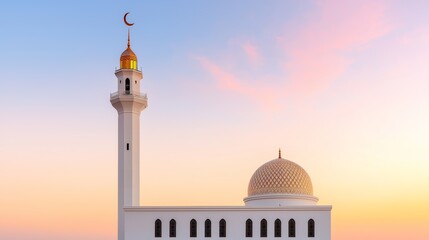 Tranquil Crescent Moon Over Majestic Mosque at Sunrise Sky