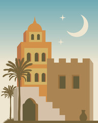 traditional southern Arabic architectural style, moroccan town flat illustration